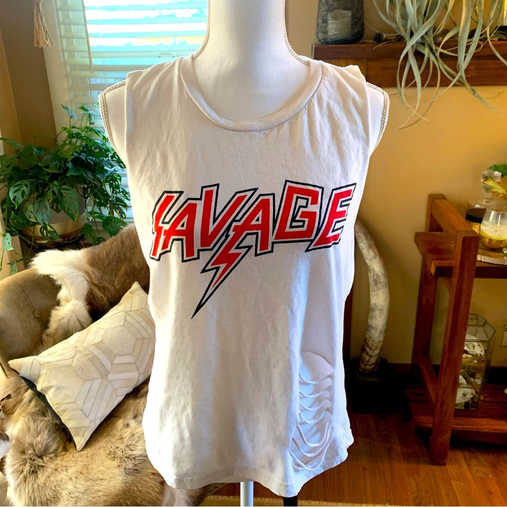 💚 2/$10 Savage cut off sleeve tank work out athletic graphic top muscle tee